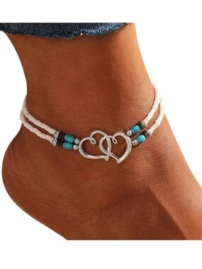 Double Heart Ankle Bracelet in White/Silver tone/Turquoise Women’s One Size